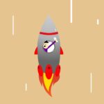 Vector illustration of happy businessman with raised hand in flying rocket after successful startup